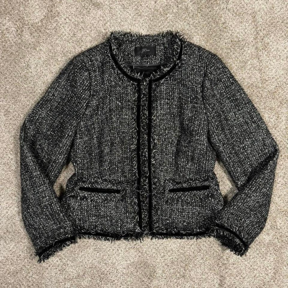 J. Crew Factory Black & White Tweed Fringe-Trim Cropped Jacket